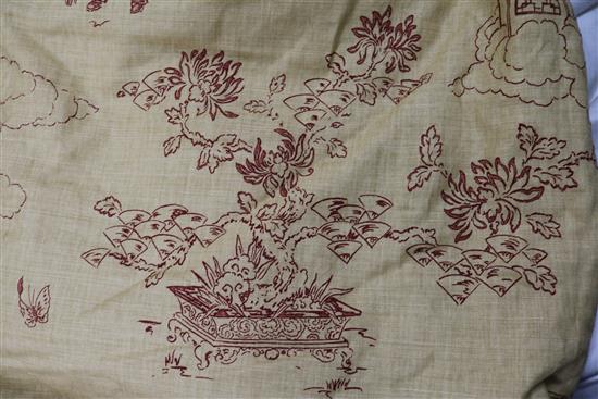 Chinese lined and lined pinched pleat curtains (one pair and one single)Pair of curtains, w.5ft. 2in. each, drop 8ft., single W.4ft. 4i